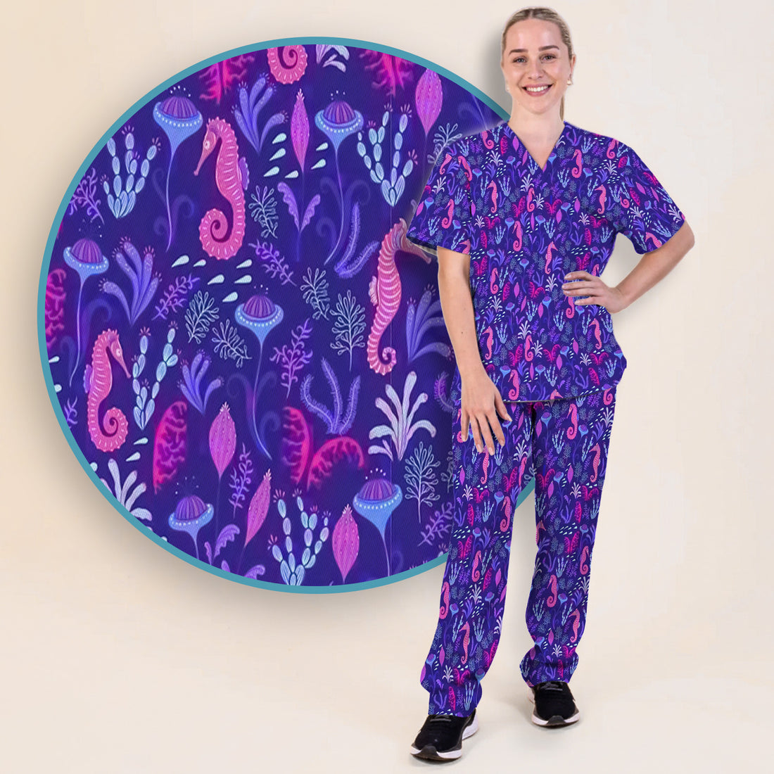 Purple Seahorse Ocean Scrub Set, Scrub Pants and V Neck Top