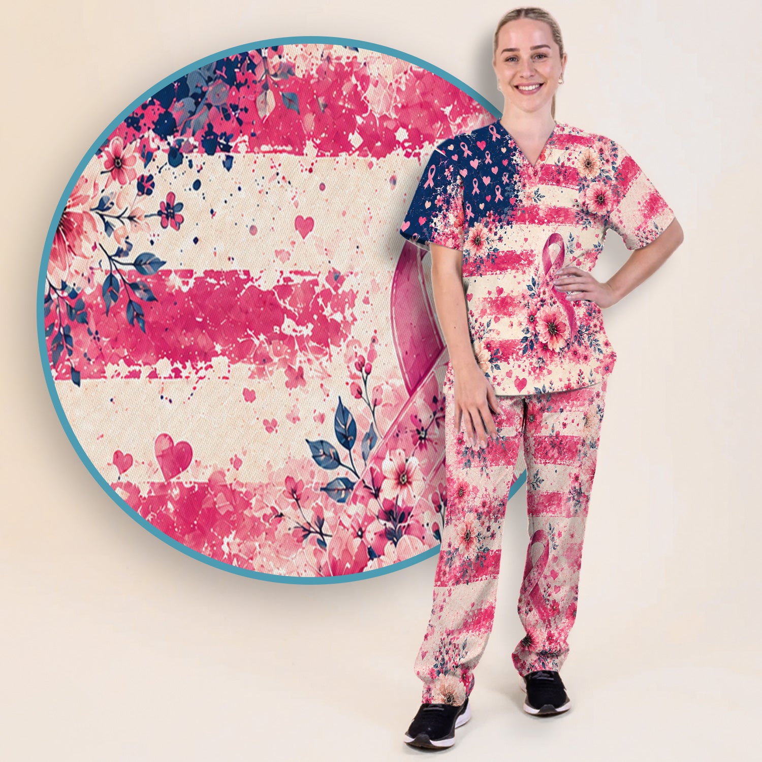 Breast Cancer Floral Flag Scrub Set, Scrub Pants and V Neck Top