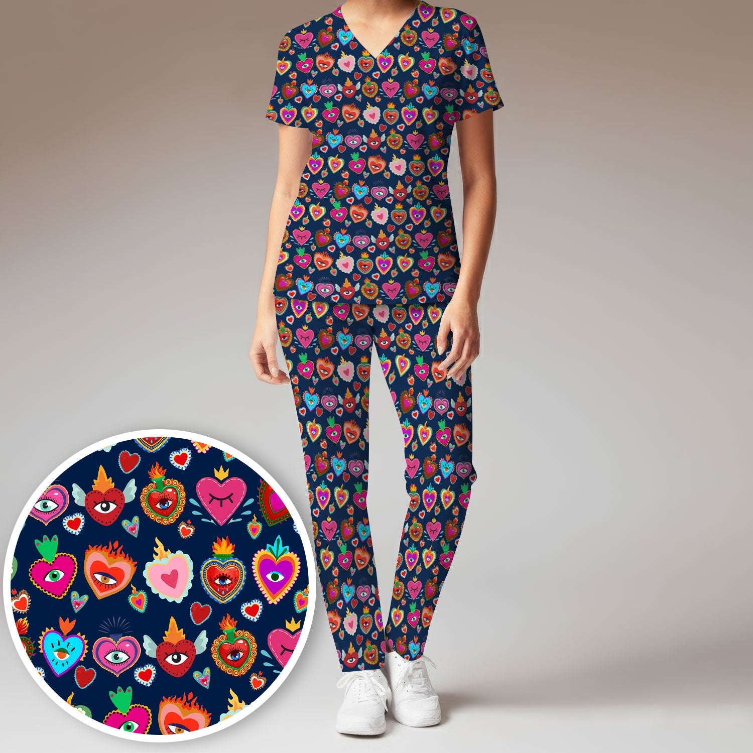 Valentine Colorful Sacred Heart Print Women's Scrub Set, Scrub Pants and V Neck Top