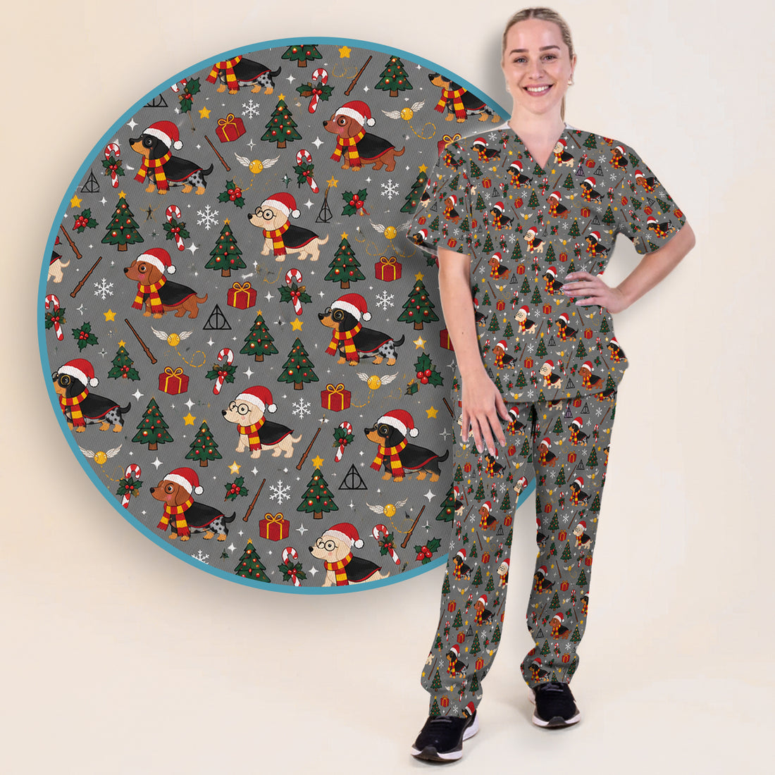 Christmas Wizard Dachshunds Pattern Scrub Set, Scrub Pants and V Neck Top