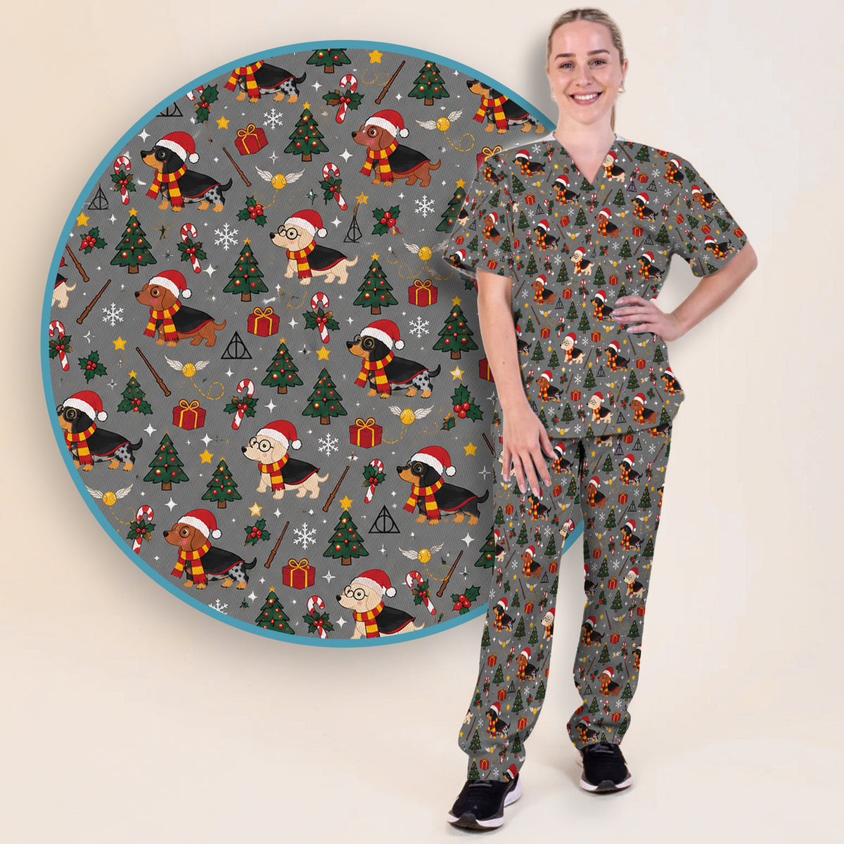 Christmas Wizard Dachshunds Pattern Scrub Set, Scrub Pants and V Neck Top