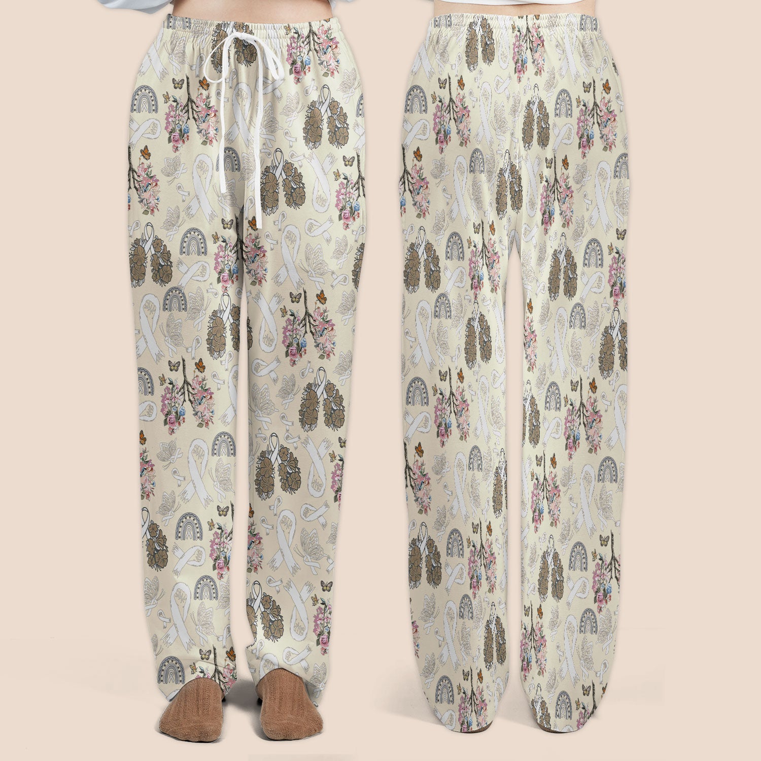 Lung Cancer Awareness Scrub Sets for Women - White Ribbon Butterfly Floral Scrub Pants and V Neck Top - Comfortable Med Uniform for Her