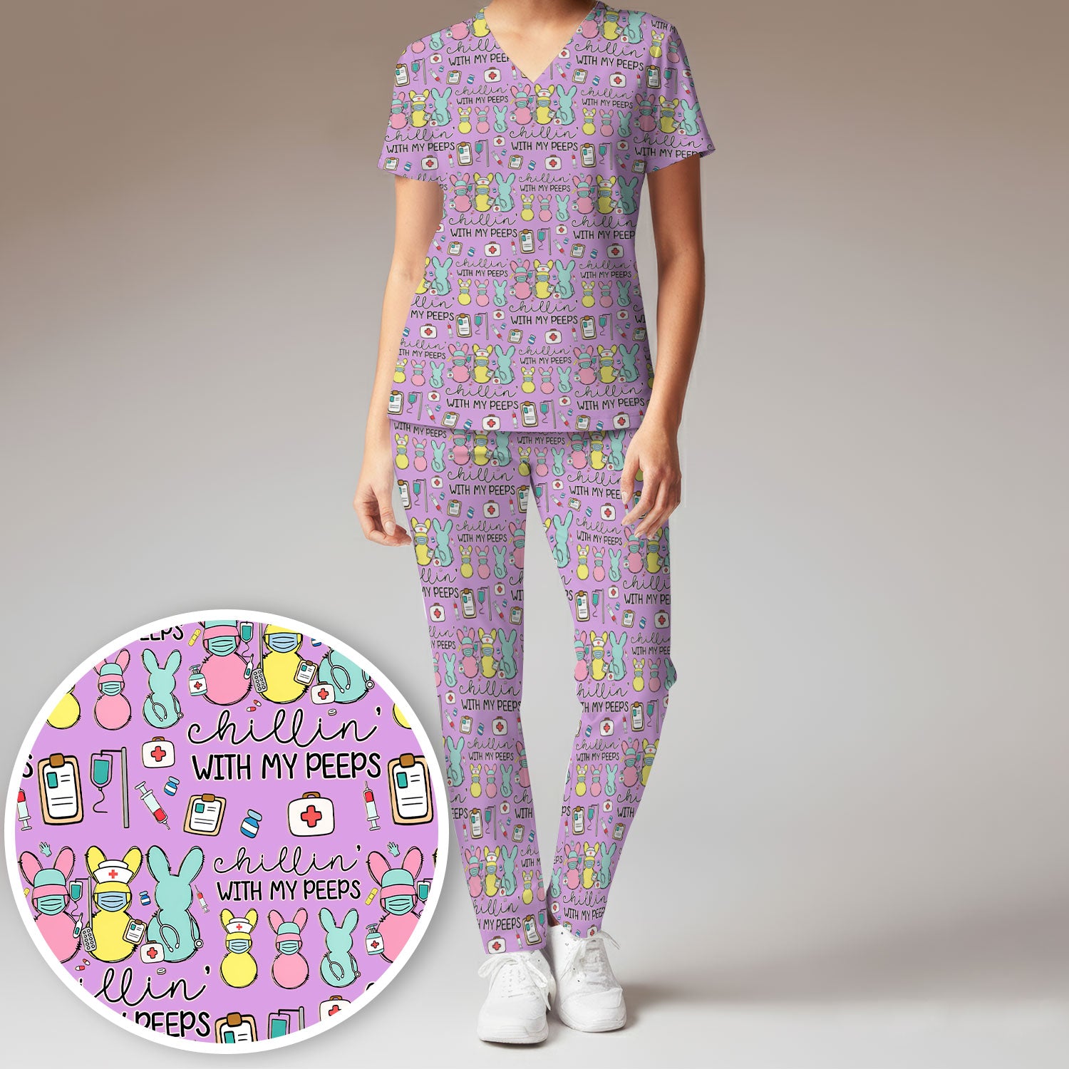 Cute Bunny Nurse Chillin With My Peeps Scrub, Women's Scrub Sets