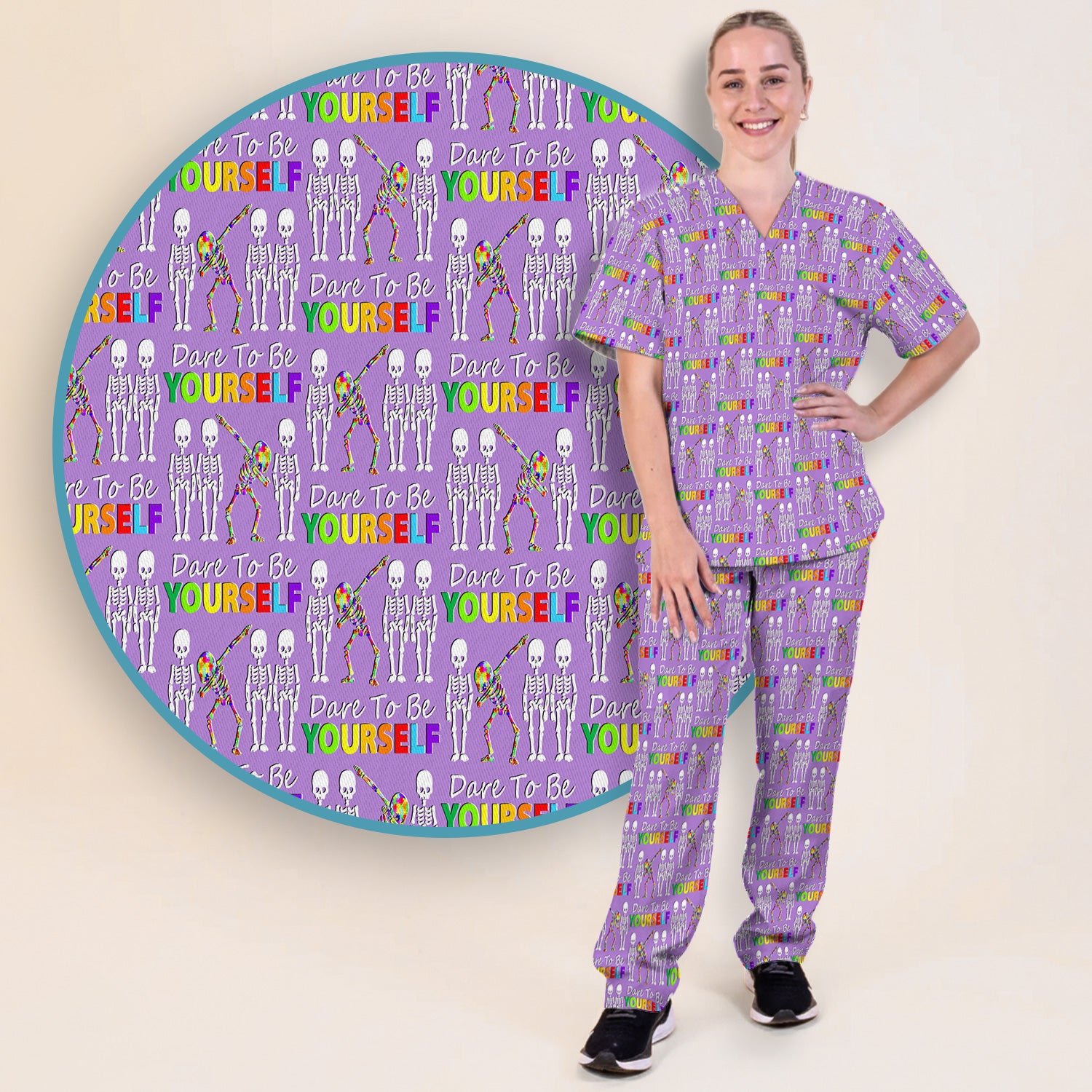 Rainbow Skeleton Dare To Be Yourself Pattern Scrub Sets, Scrub Pants and V Neck Top
