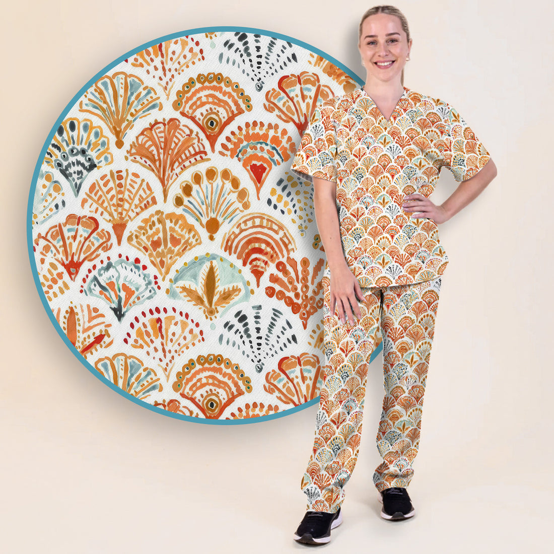 Cute Boho Fan Pattern Scrub Set, Women's Scrub Sets
