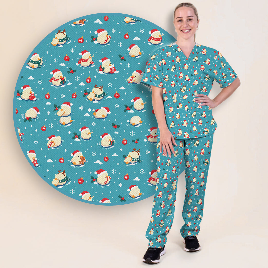Christmas Ducks In Santa Hats Scrub Set, Scrub Pants and V Neck Top