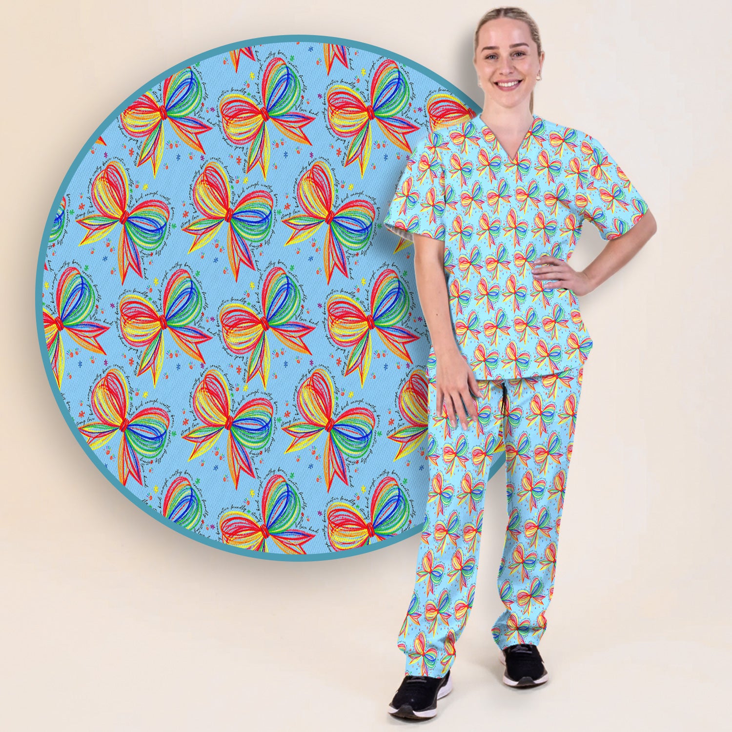 Colorful Rainbow Bow Pattern Scrub Set, Scrub Pants and V Neck Top