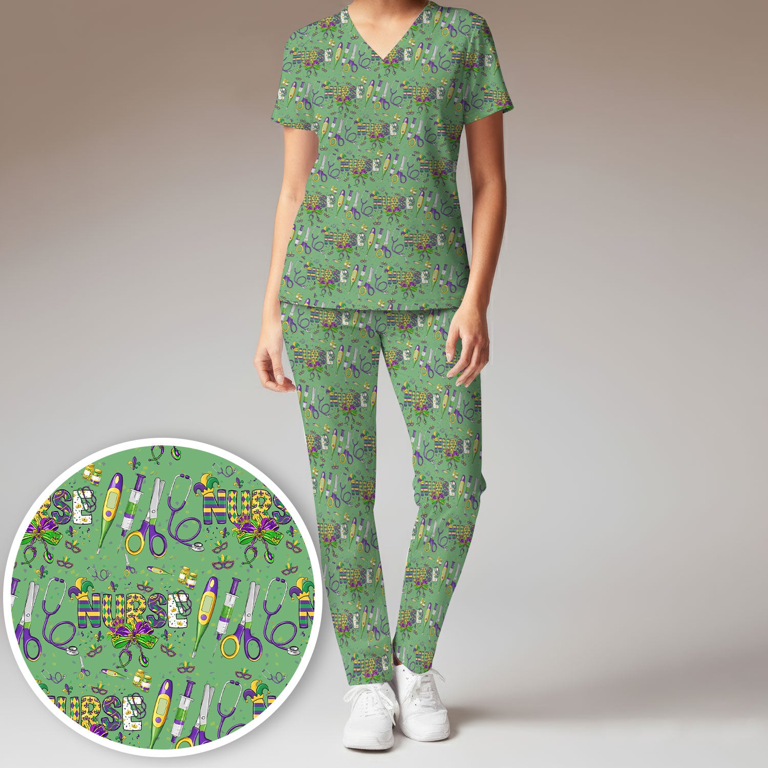 Mardi Gras Nurse Scrub Set, Holiday Medical Pattern Nurse Shirt, Breathable Fabrics Nursing Uniform