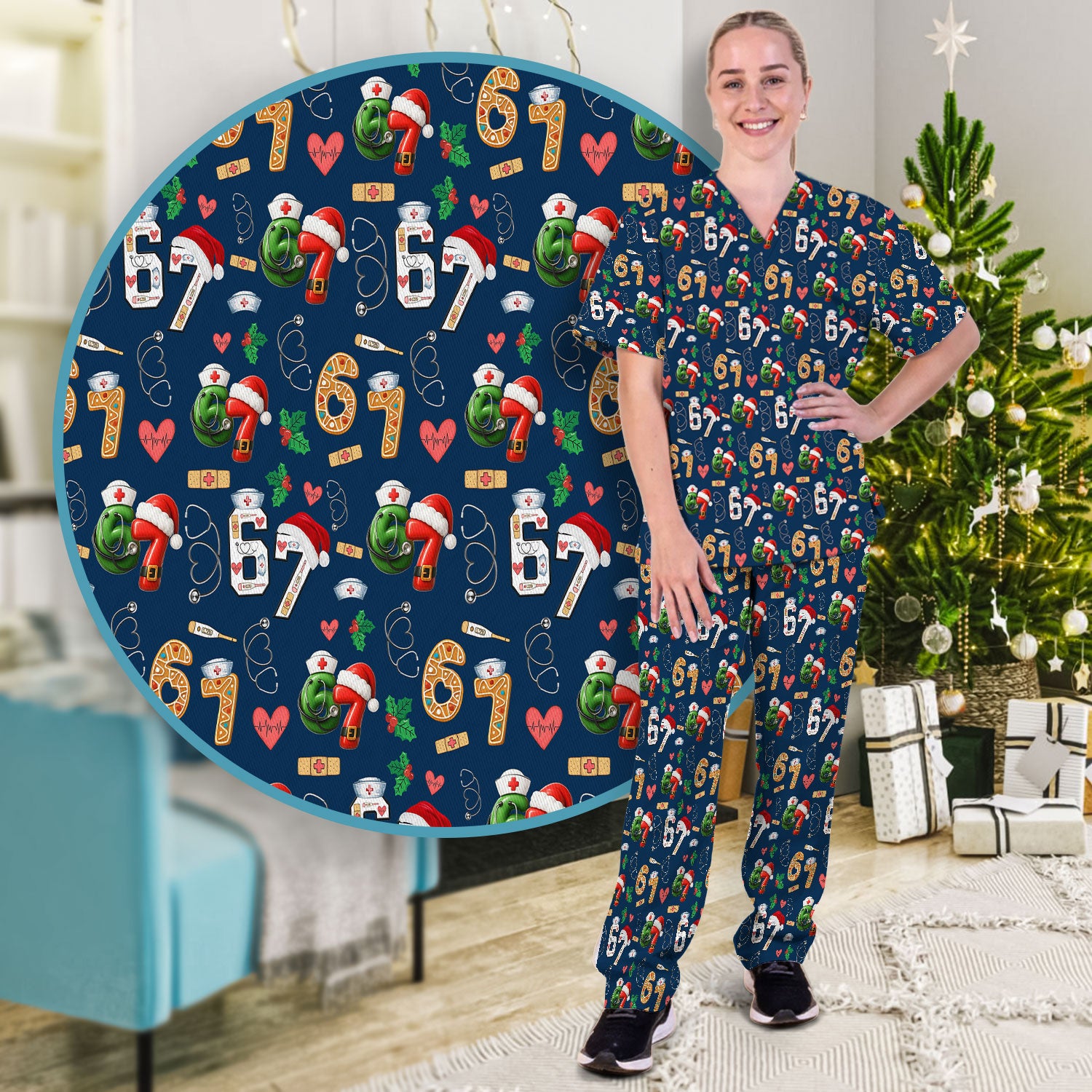 Christmas Nurse 67 Pattern Scrub Set, Cute Holiday Medical Uniform With Santa Hat, Uniform For Nursing