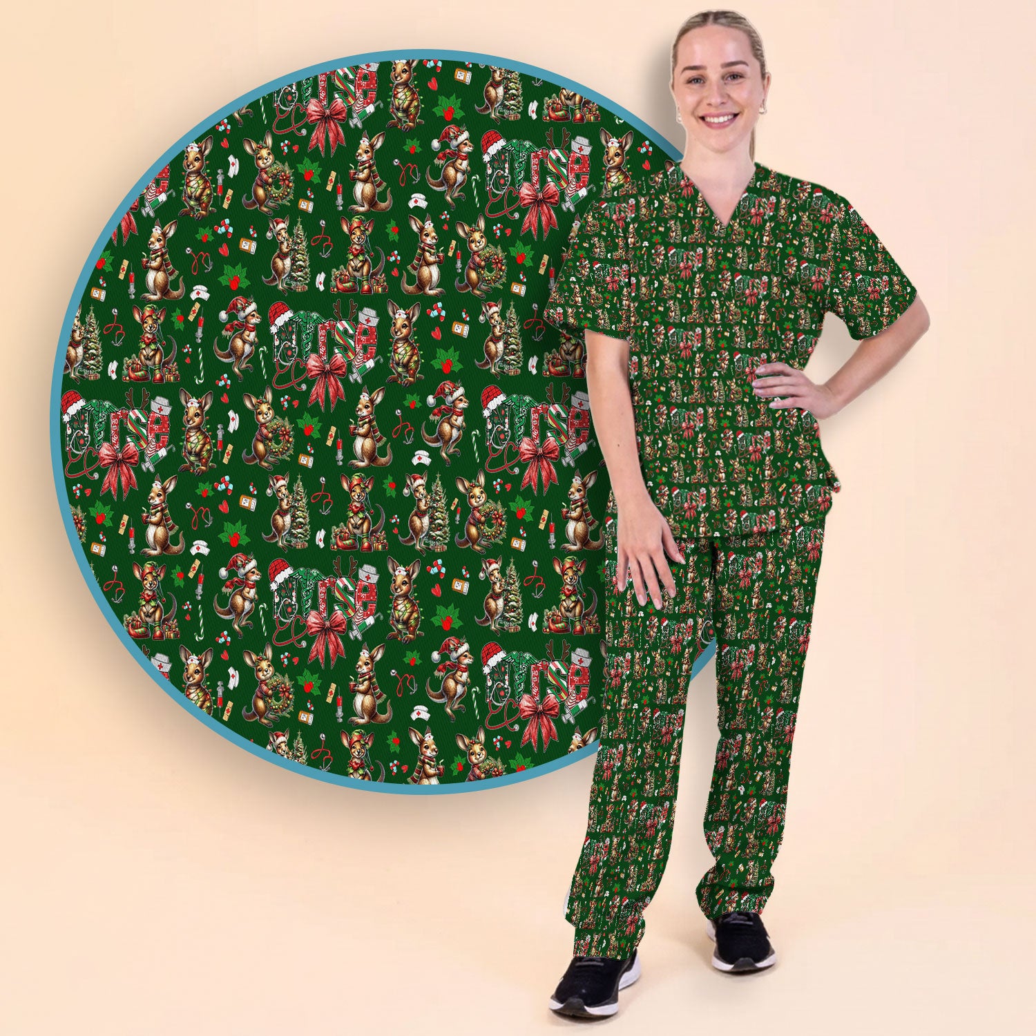 Whimsical Kangaroo Christmas Scrub Set – Festive Australian Animals Holiday Pattern – Cute Medical Uniform for Nurses, Vets & Healthcare Workers