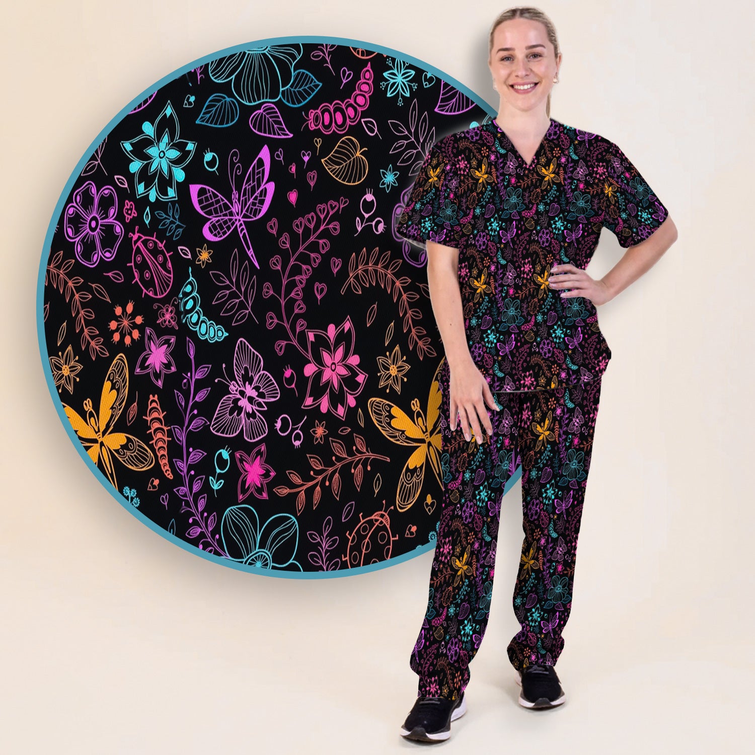 Neon Butterfly and Floral Garden Pattern Scrub Set, Scrub Pants and V Neck Top