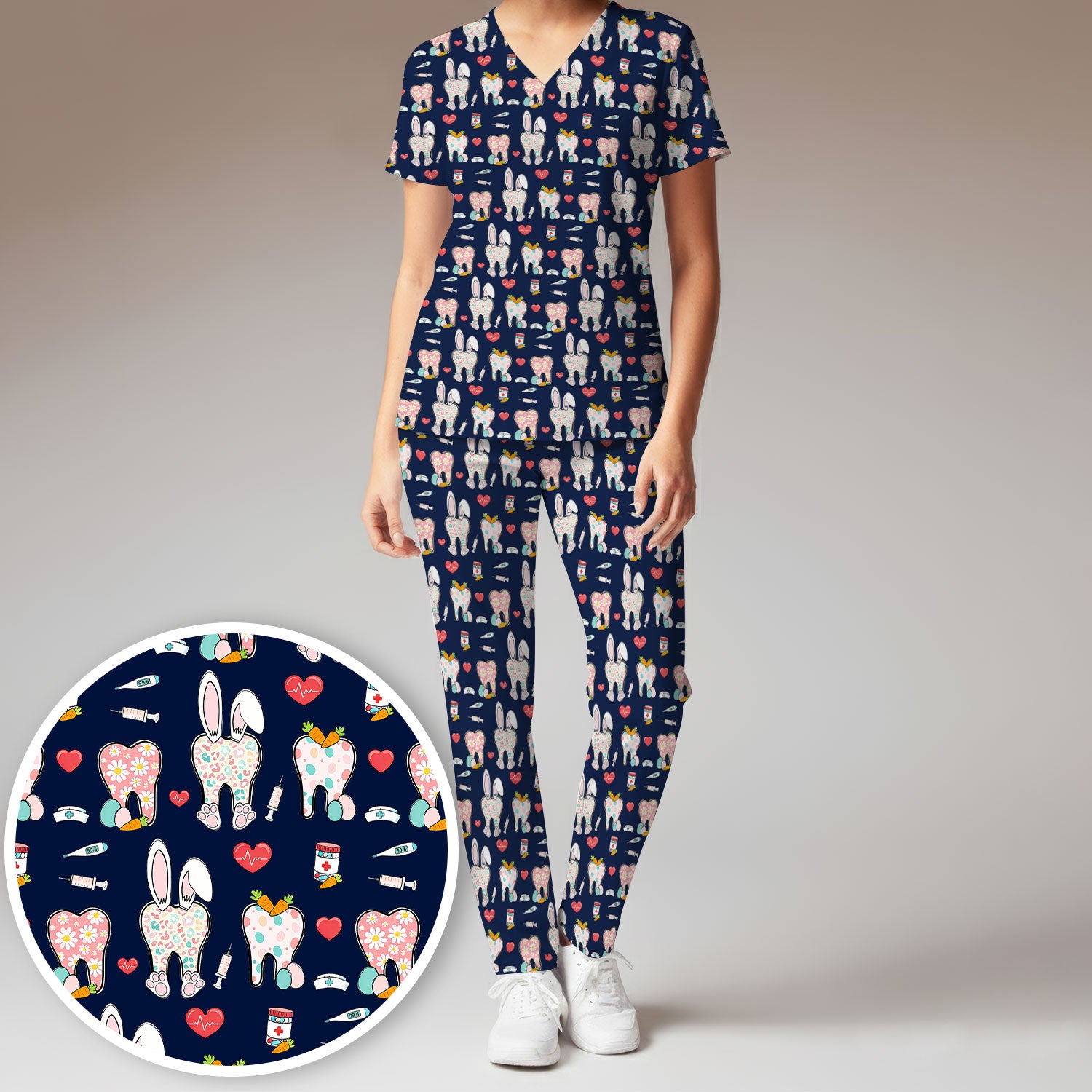 Playful Bunny Dentist Illustration Medical Set, Scrub Pants and V Neck Top