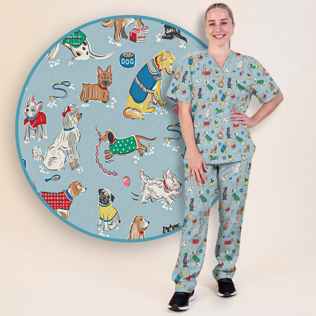Cute Dog Wearing Sweater Playing Ball Pattern Scrub Set, Scrub Pants and V Neck Top
