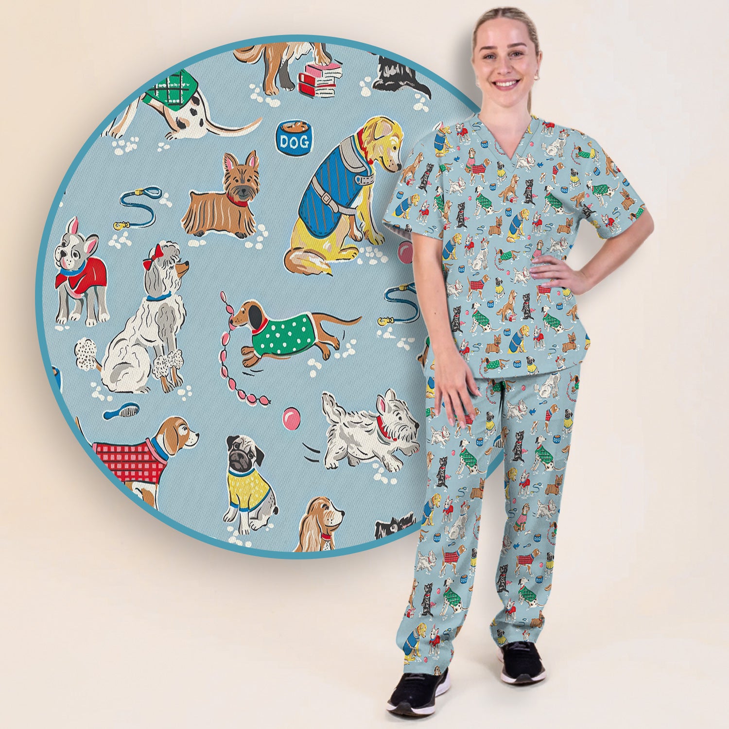 Cute Dog Wearing Sweater Playing Ball Pattern Scrub Set, Scrub Pants and V Neck Top