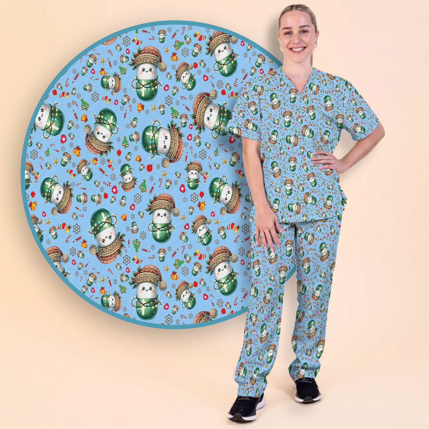 Pharmacy Tech Christmas Scrub Set – Cute Green Snowman Print Nurse Outfit – Funny Holiday Medical Uniform for Pharmacists