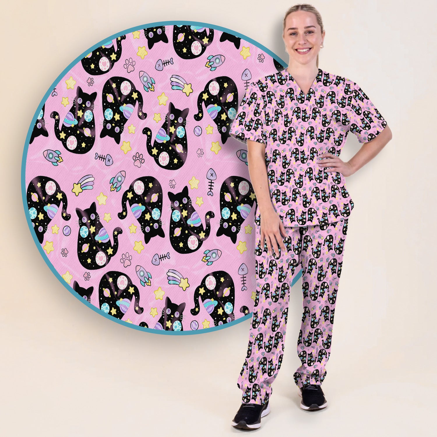 Galaxy Black Cat Space Pattern Scrub Top, Breathable Fabrics Nursing Uniform