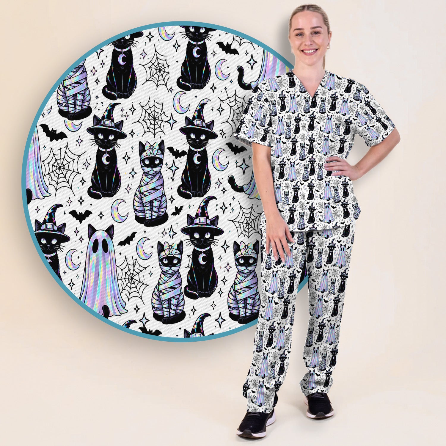 Ghost Witch Cat Pattern Scrub Set, Scrub Pants and V Neck Top