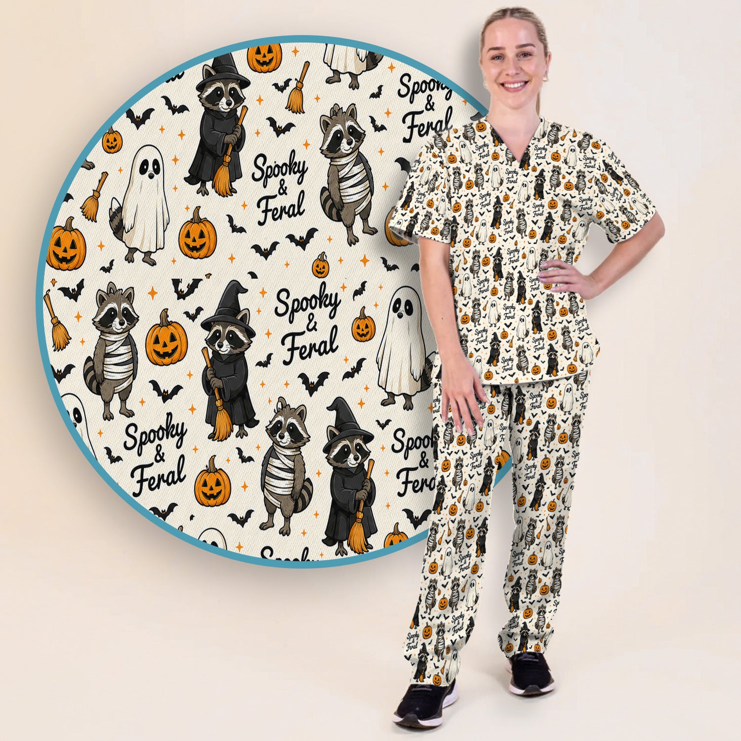 Spooky And Feral Halloween Raccoon Scrub Set, Scrub Pants and V Neck Top