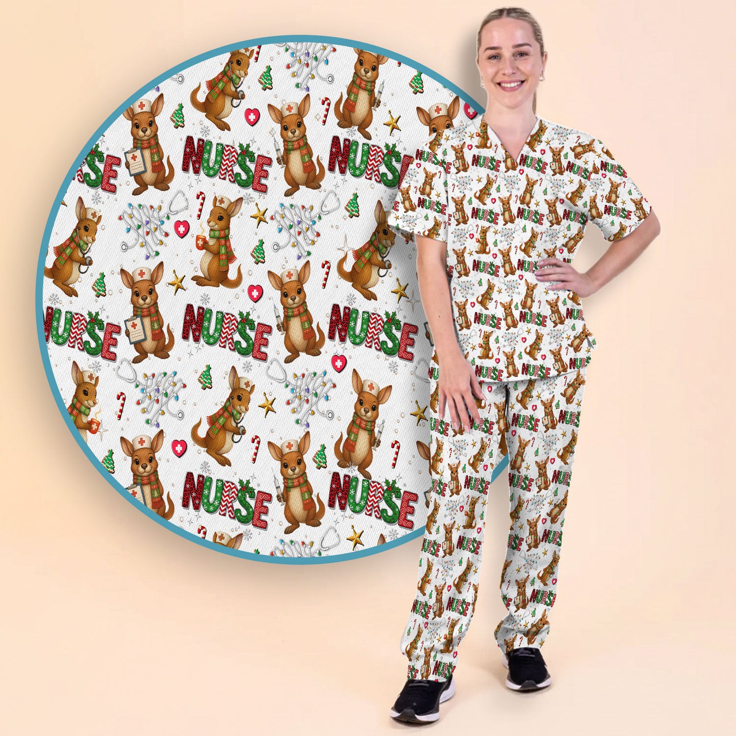Aussie Kangaroo Christmas Scrub Set - Funny Holiday Nurse Shirt and Pants for Women - Cute Animal Medical Uniform