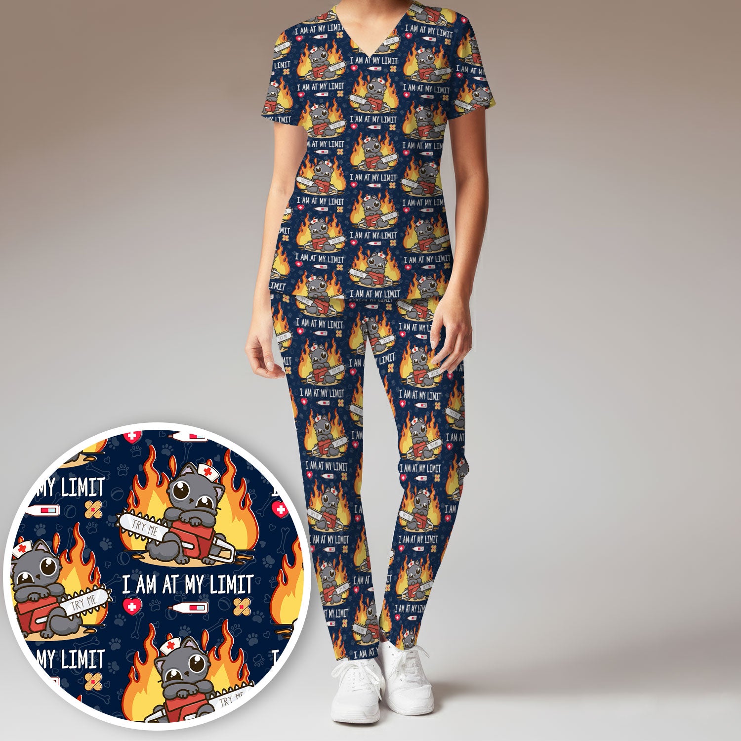 Funny Nurse Cat I Am At My Limit Women's Scrub Set, Breathable Med Uniform