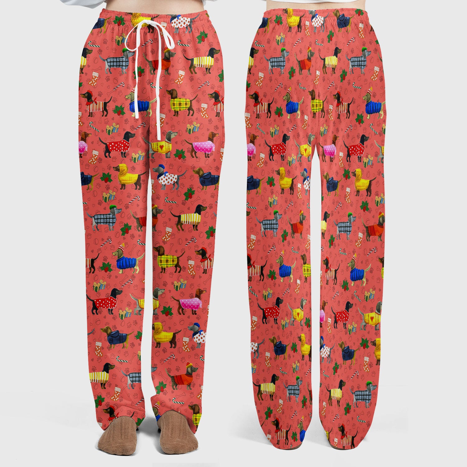 Dachshund Women Scrub Sets - Funny Wiener Dog Paw Prints Nurse Uniform - Comfortable Nursing Pants V Neck Shirt - Holiday Ugly Sweater