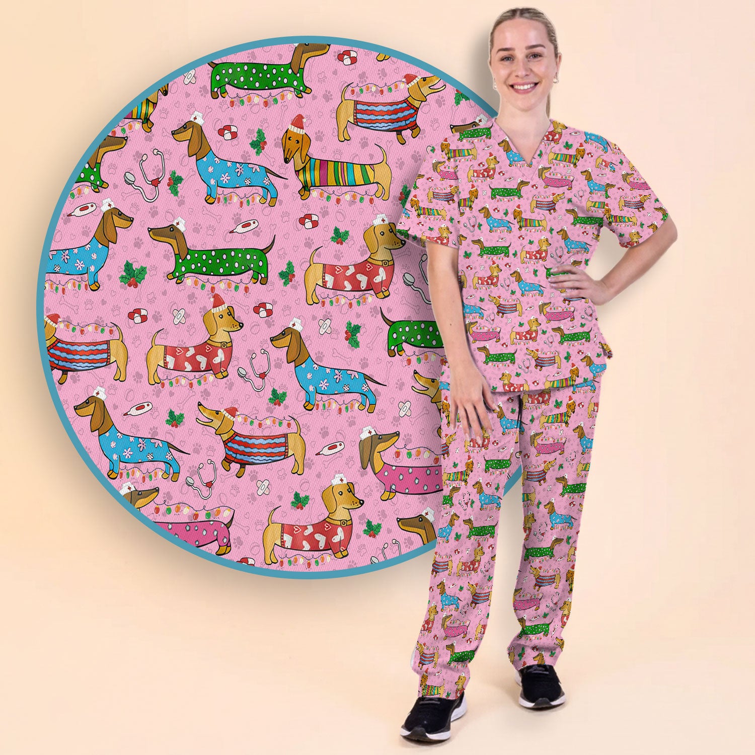 Christmas Dachshund Scrub Set for Nurses - Cute Wiener Dog in Holiday Outfit - Funny Medical Uniform Gift for Women RN LPN CNA