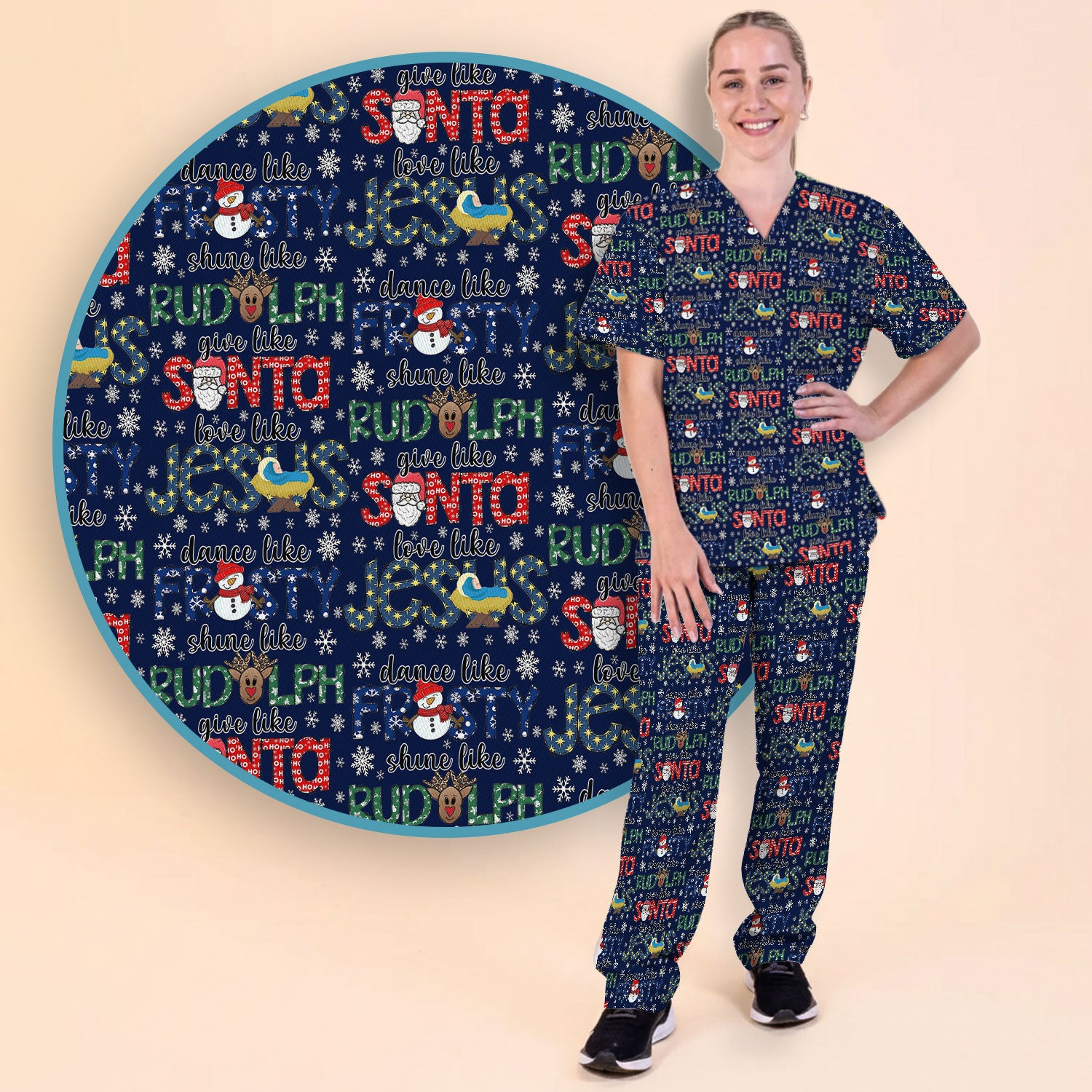 Xmas Rudolph Comfortable Scrub Set for Nurses - God Santa Scrub Pants and V Neck Top - Breathable Med Uniform