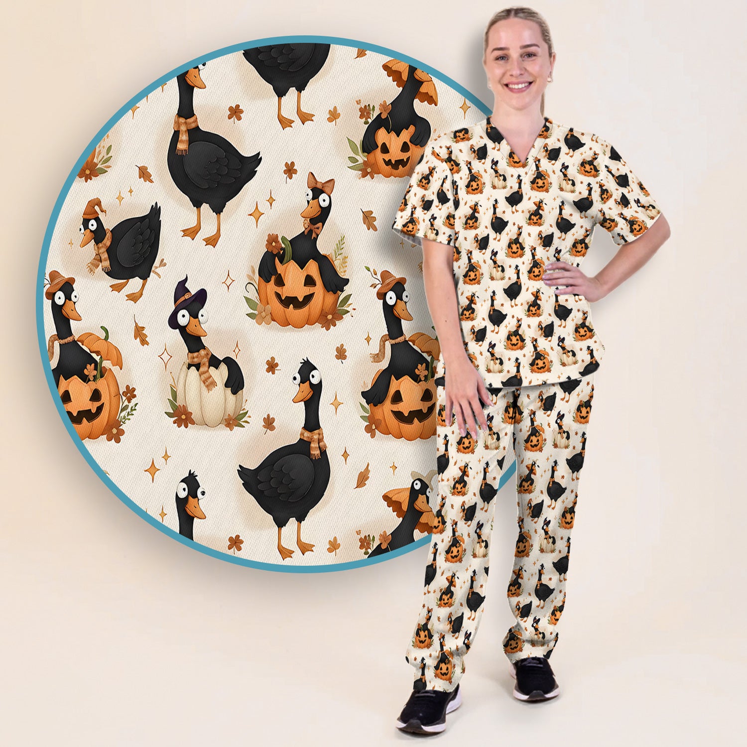 Pumpkin Black Goose Print Scrub Set, Scrub Pants and V Neck Top