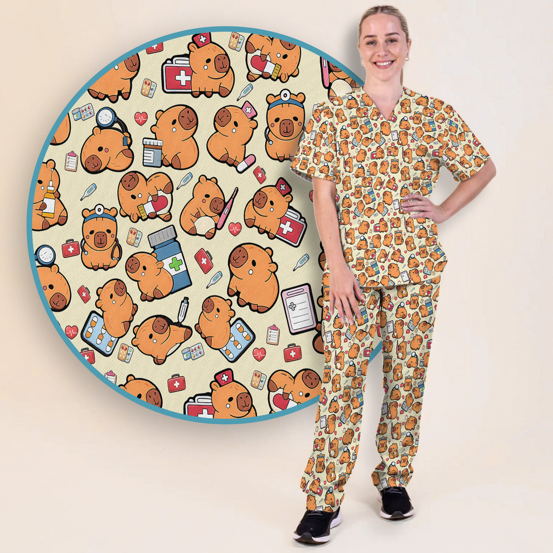 Capybara With Stethoscope And Medical Tools Seamless Scrub Set, Breathable Med Uniform