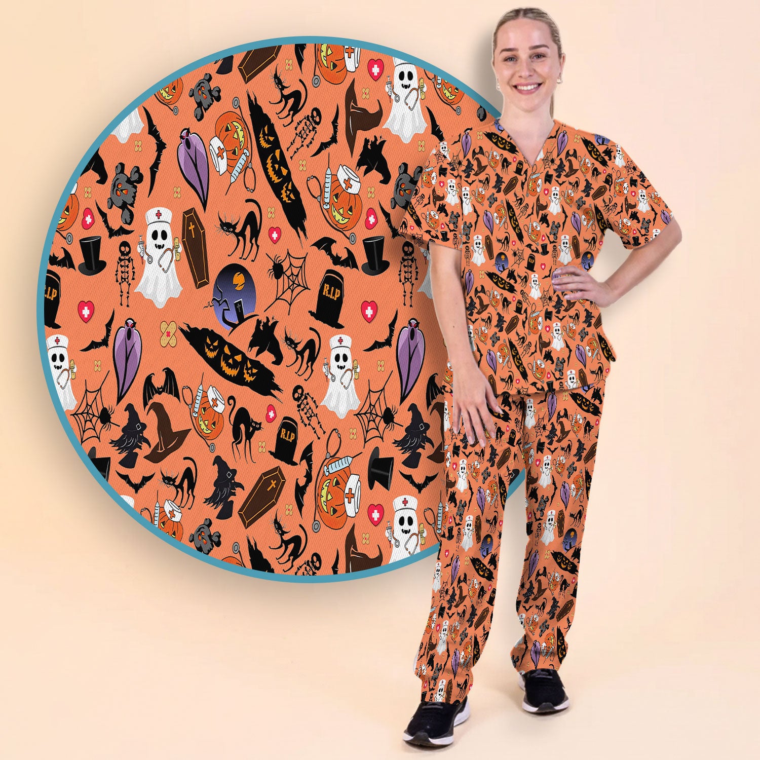 Spooky Halloween Scrub Set - Pumpkin Ghost Bat Nurse Scrubs Pants and V Neck Top - Wicked Witch Medical Uniform for RN CNA LPN
