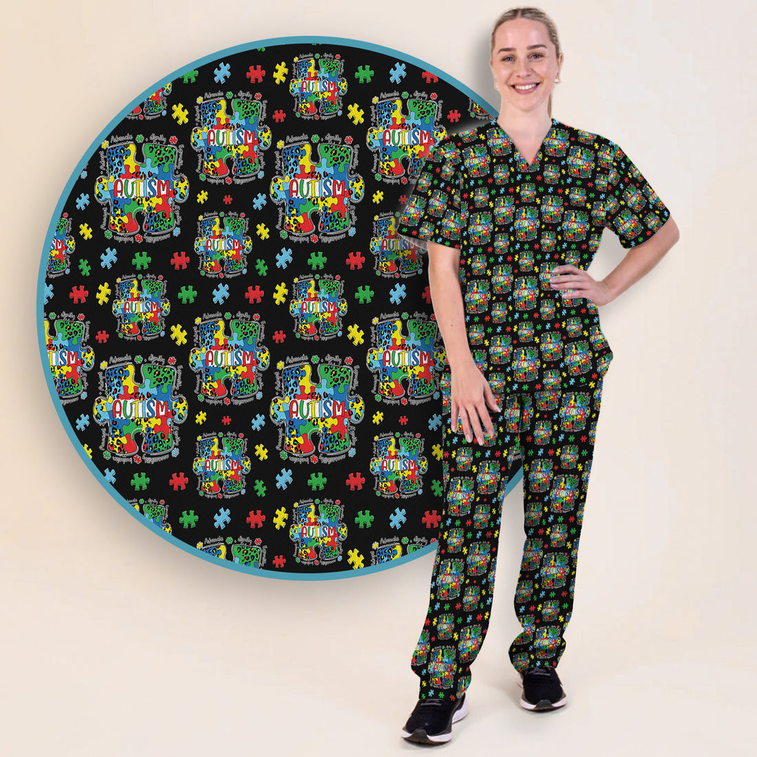 Autism Awareness Puzzle Pattern Scrub Set, Scrub Pants and V Neck Top