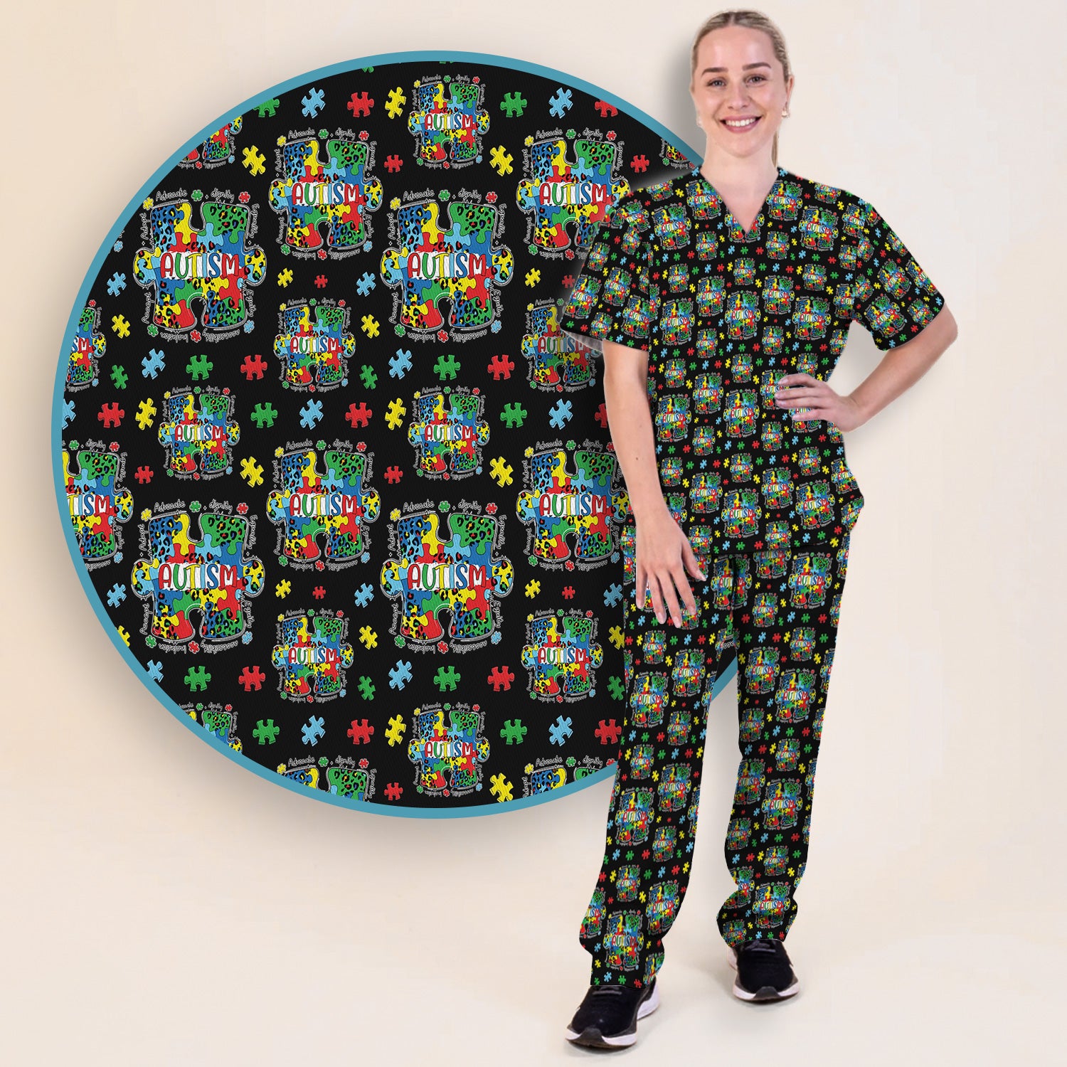 Autism Awareness Puzzle Pattern Scrub Set, Scrub Pants and V Neck Top
