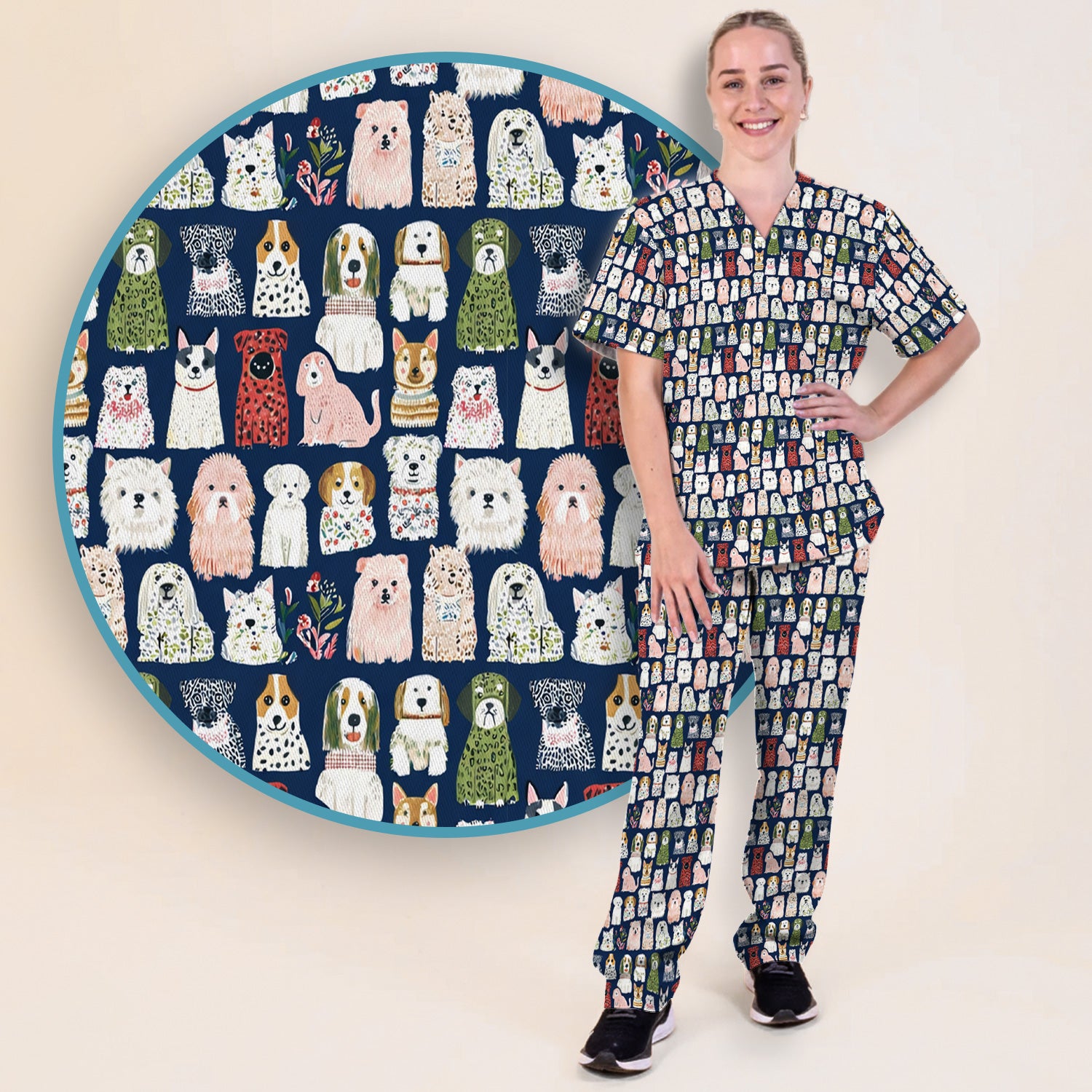 Cute Cartoon Dog Breeds Pattern Scrub Set, Breathable Med Uniform