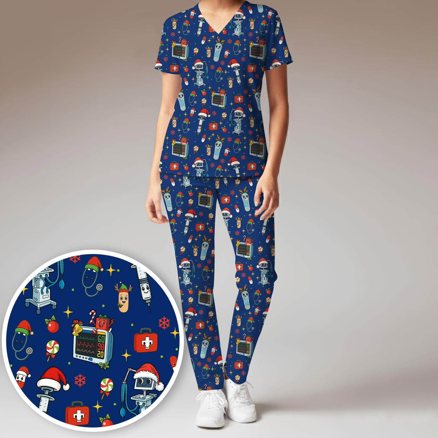 Christmas Nurse Scrub Set - Funny Robot and Reindeer Pattern Medical Scrubs - Cute Holiday Matching Set for Women Nurses