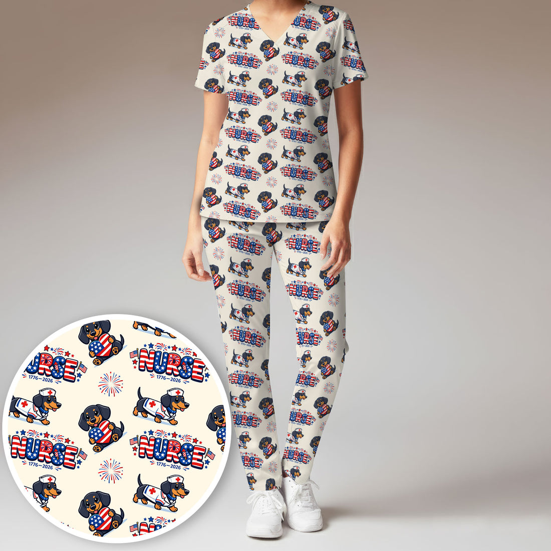 Proud Nurse Patriotic Dachshund Medical Firework Pattern Scrub Set, Nurse Uniform Scrubs Set