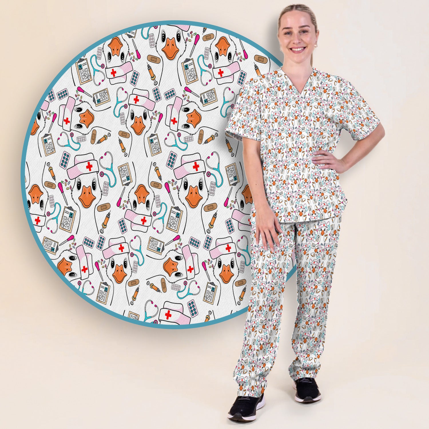 Duck Wearing Hat With Medical Tools Scrub Set, Breathable Med Uniform