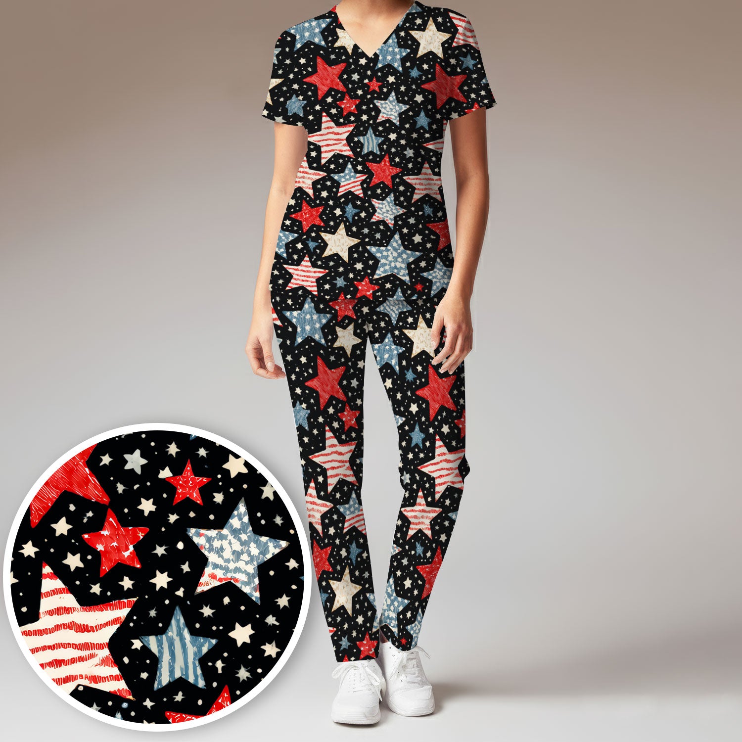 Patriotic Star Pattern Women's Scrub Set, Scrub Pants and V Neck Top
