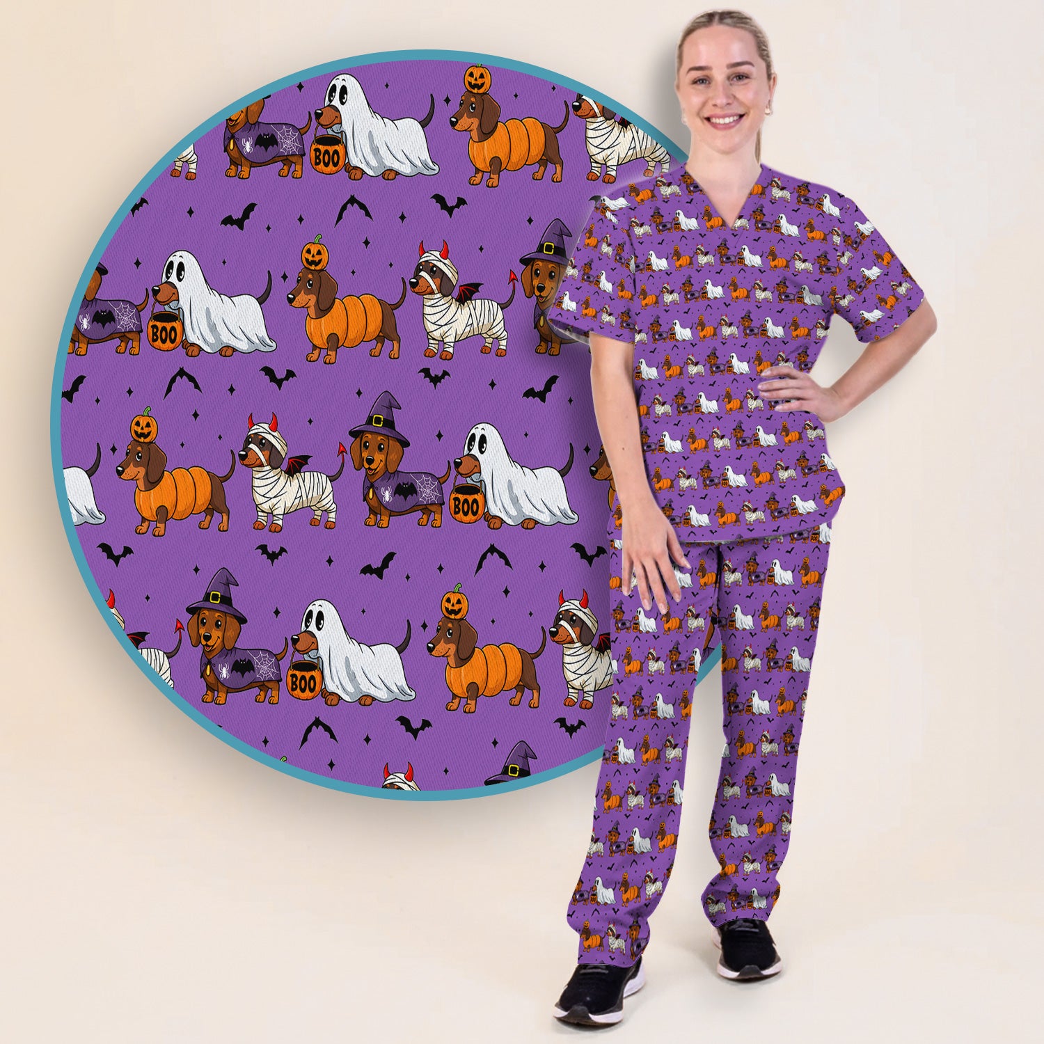 Halloween Dachshund for Veterinary Staff Scrub Set, Scrub Pants and V Neck Top