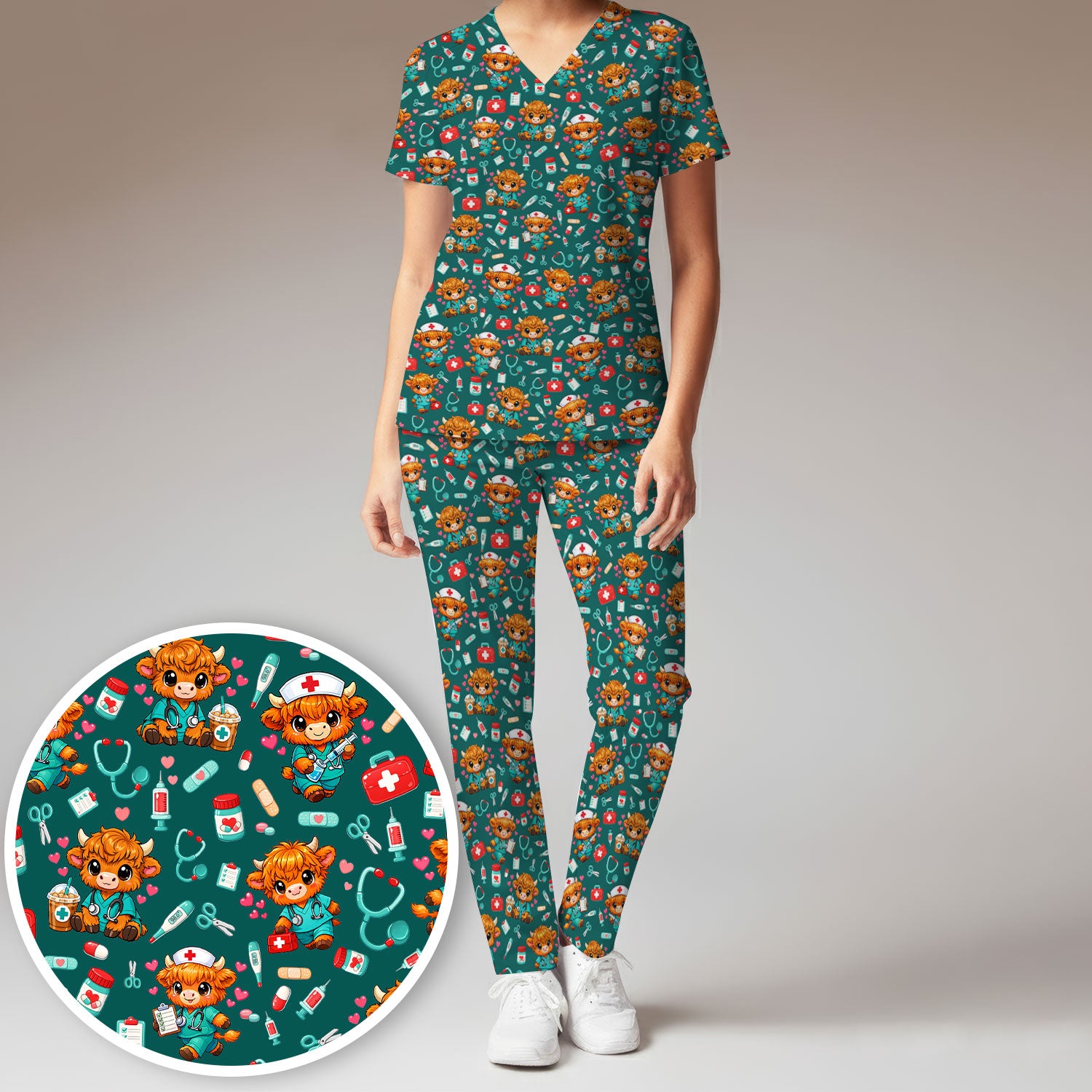 Cute Highland Cow Nurse Scrub Set, Kawaii Medical Pattern Shirt, Breathable Fabrics Nursing Uniform