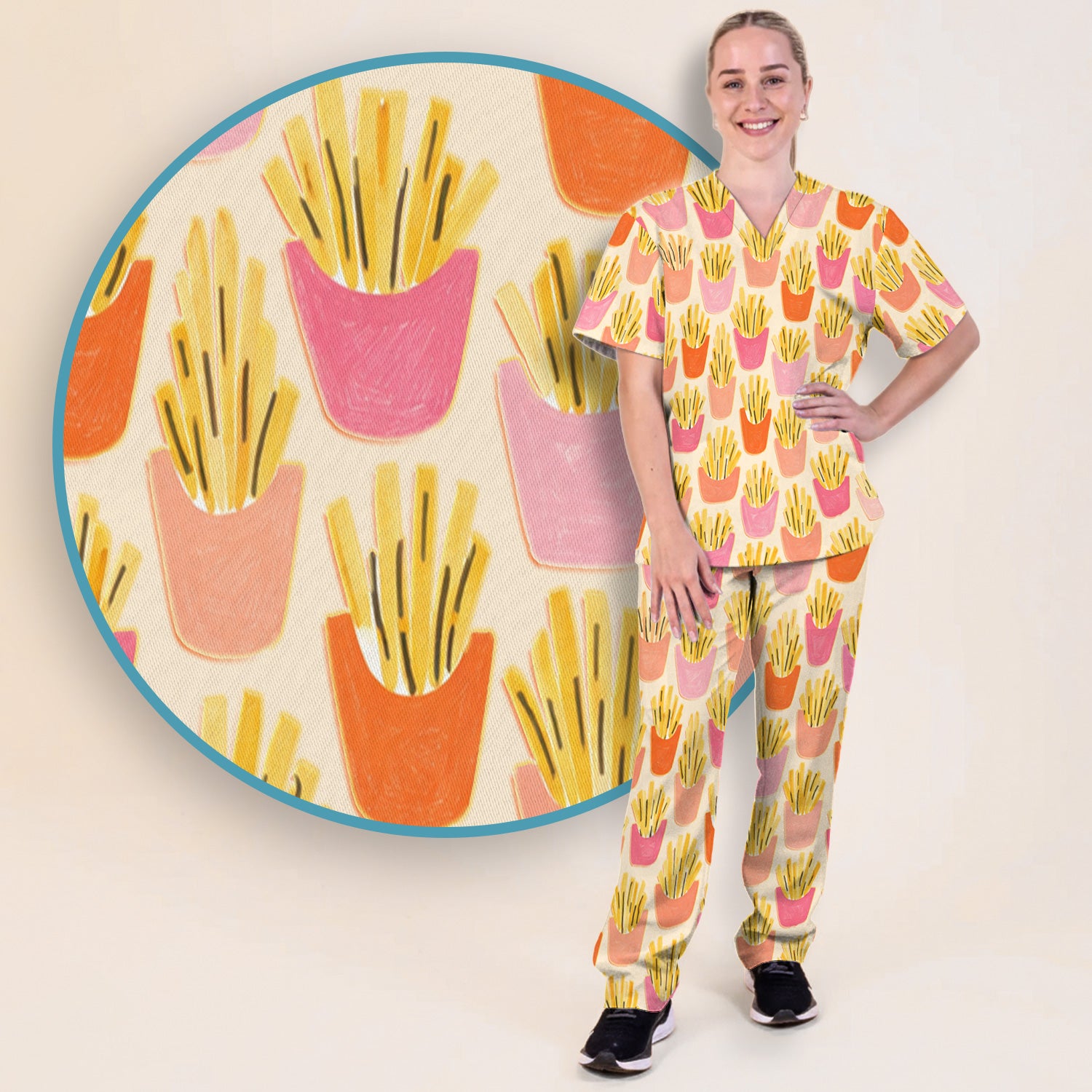 Funny French Fries Snack Food Pattern Scrub Set, Breathable Med Uniform