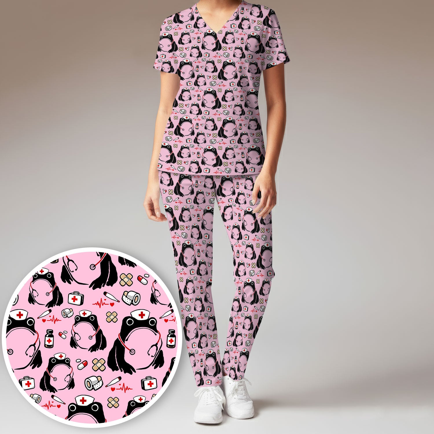 Cute Frog Nurse Medical Pattern Scrub Set, Breathable Med Uniform