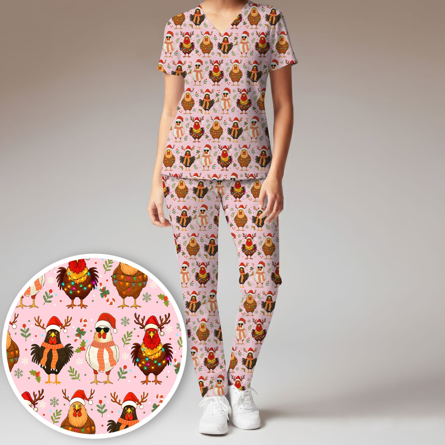 Funny Chicken Scrubs for Women - Christmas Pattern Scrub Top & Pants - Christmas Scrubs with Adorable Design
