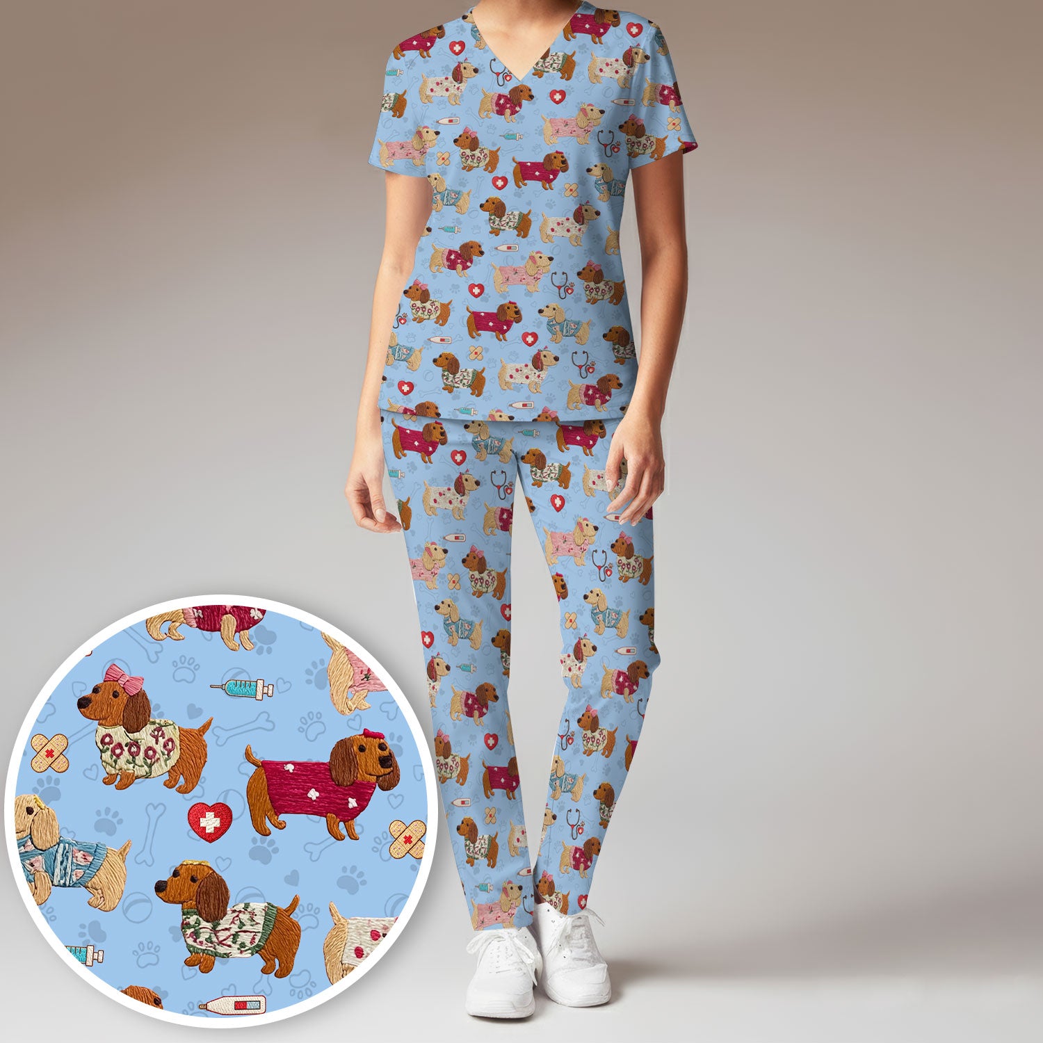 Cute Medical Wiener Dog Pattern Nurse Shirt, Dachshund Nursing Scrub Set, Breathable Fabrics Nursing Uniform