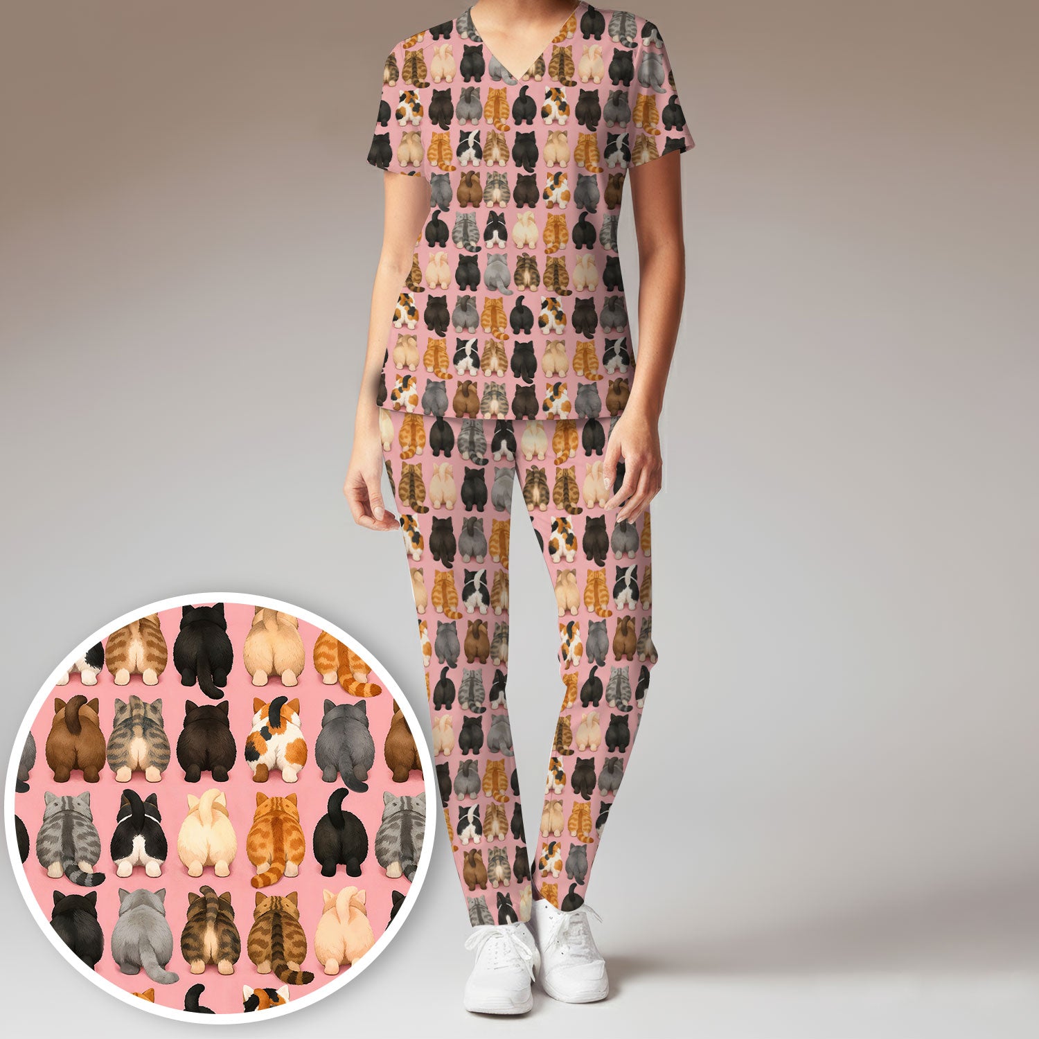 Cute Cats Back View Pattern Scrubs Sets, Scrub Pants and V Neck Top