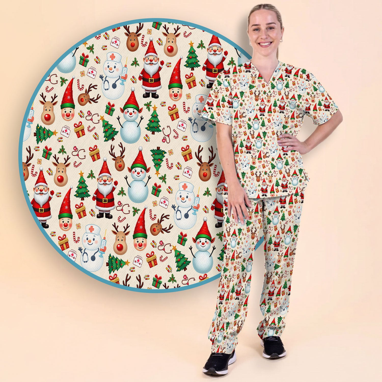 Christmas Scrub Set for Nurses - Cute Snowman Reindeer Santa Pattern - Holiday Medical Uniform RN CNA LPN Gift