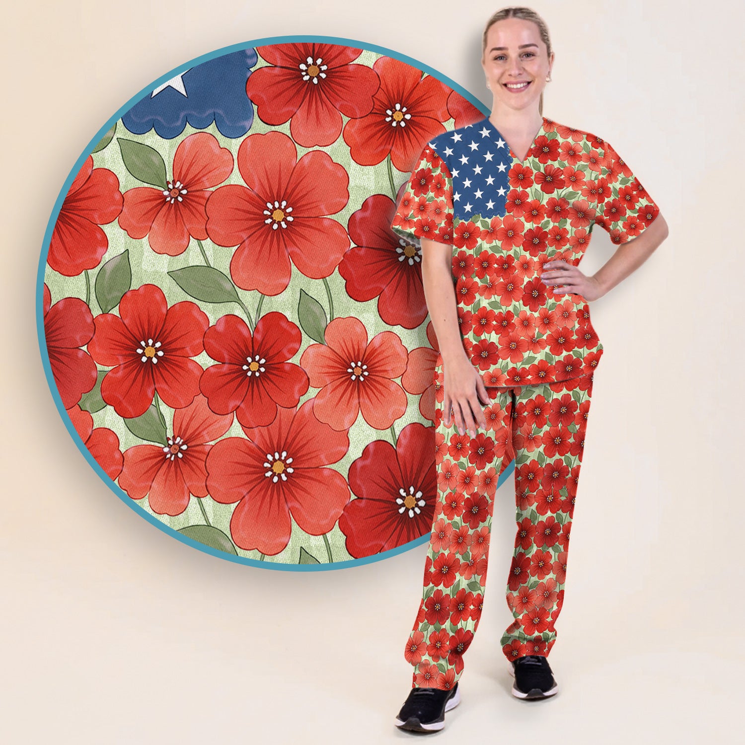 Patriotic USA Flag With Red Floral Blossom Pattern Scrub Set, Scrub Pants and V Neck Top
