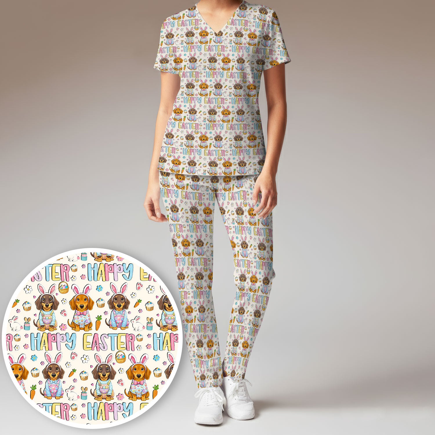Happy Easter Dachshund Puppy Pattern Scrub Set, Breathable Med Uniform