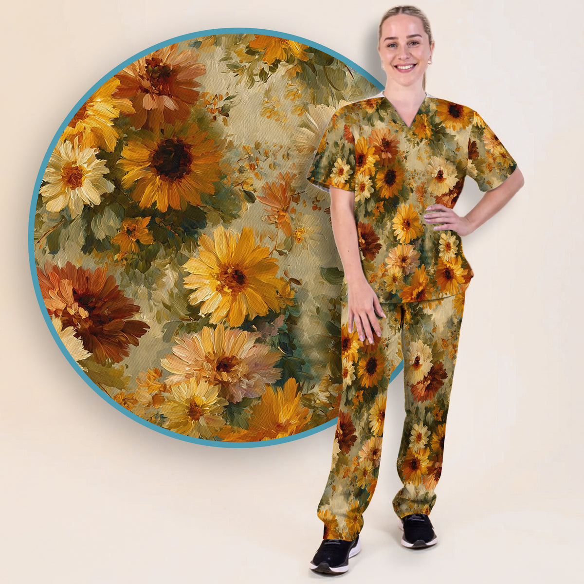 Vintage Sunflower Oil Painting Scrub Set, Scrub Pants and V Neck Top