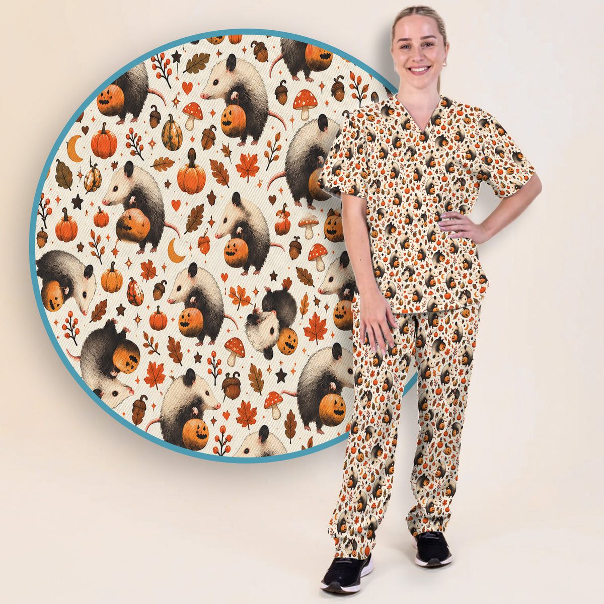 Halloween Opossum Pumpkin Patch Pattern Scrub Set, Scrub Pants and V Neck Top