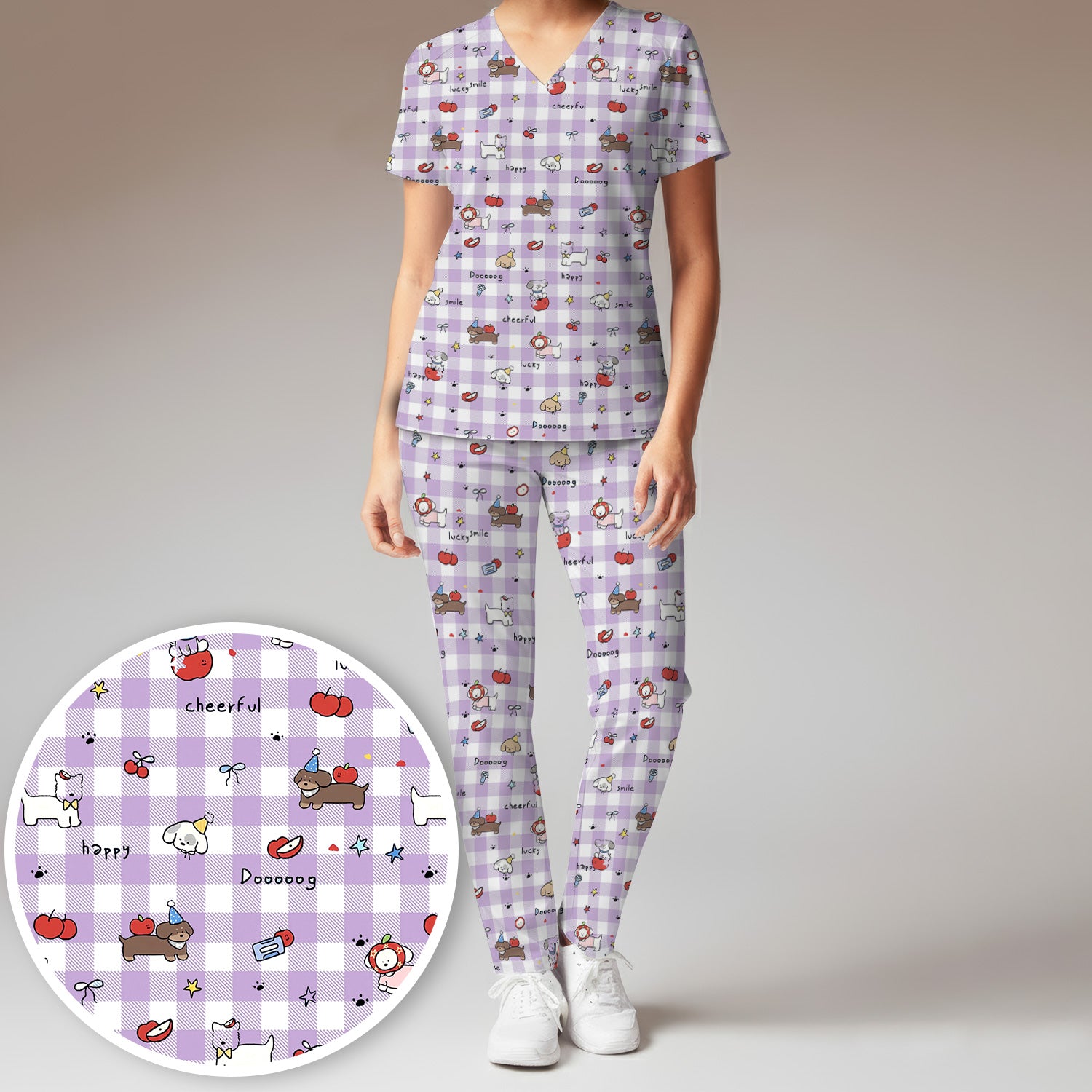 Cute Nurse Cartoon Puppy Apple Gingham Scrub Top, Breathable Fabrics Nursing Uniform